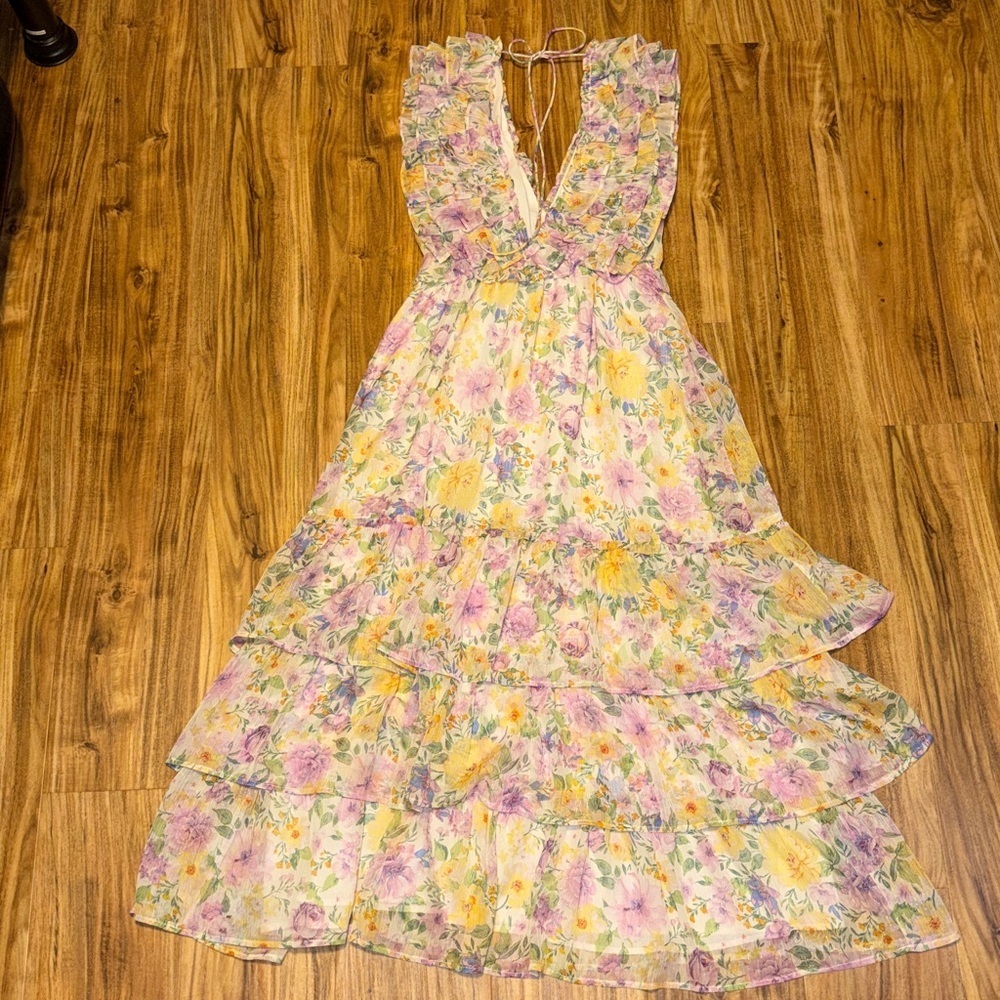 Storia womens medium 8 10 dress floral print ruffle maxi Lavender yellow white - Picture 8 of 12